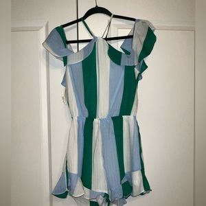 Blue Green Vertical Stripes Peak a Boo Shoulder Romper Small